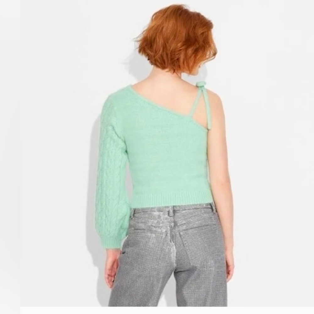 Wild Fable Women's One Shoulder Tie Cable Pullover Sweater Mint Green - Picture 2 of 7